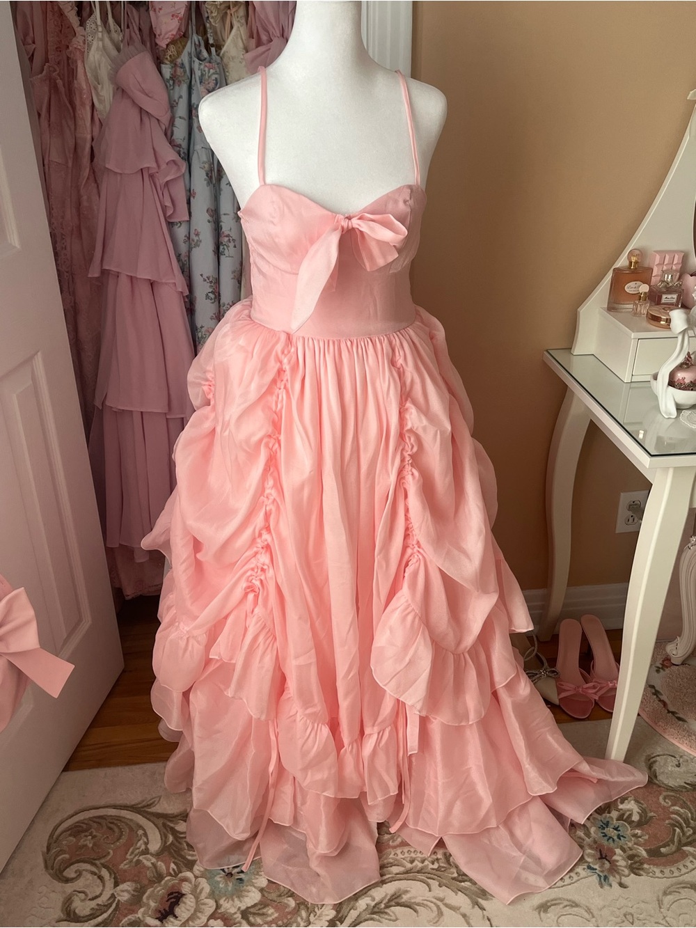 SHEIN Pink Ruffle Tulle Ball Gown with Bow Bodice